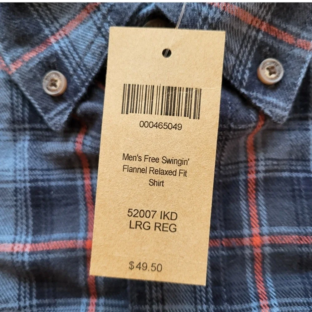 NWT Duluth Trading Co Mens Free Swingin Flannel Blue Orange Plaid L 52007 IKD